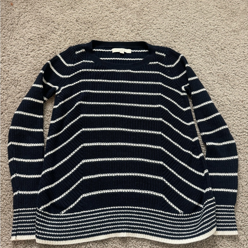 LOFT Women’s Navy and White Striped Crewneck Sweater